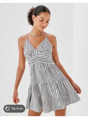 American Eagle Striped Tiered Halter Mini Dress Black & White Like New